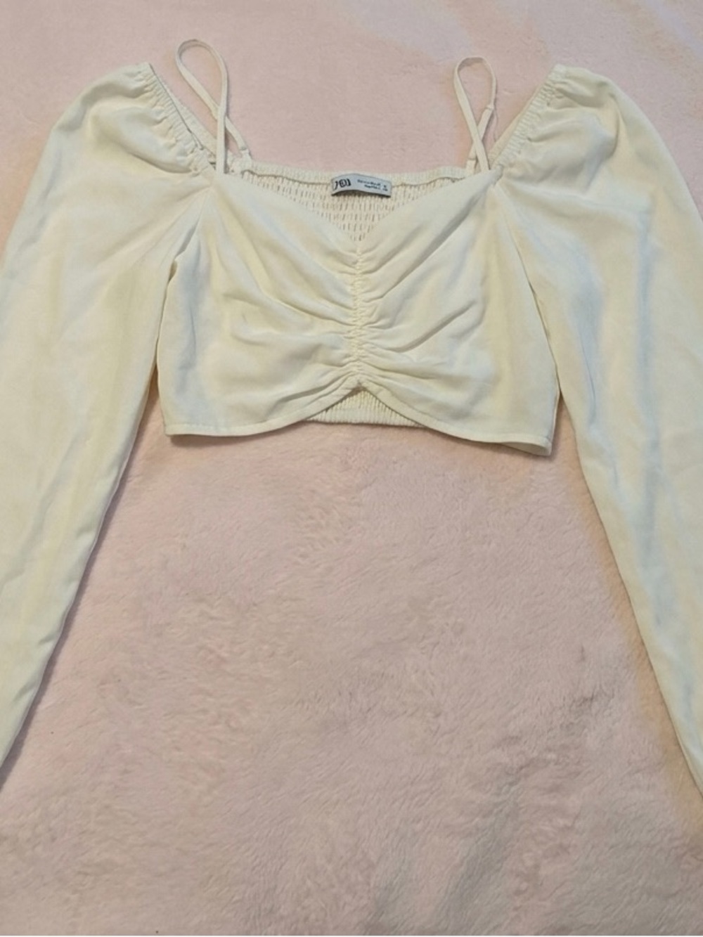 White Ruched Long-Sleeve Crop Top